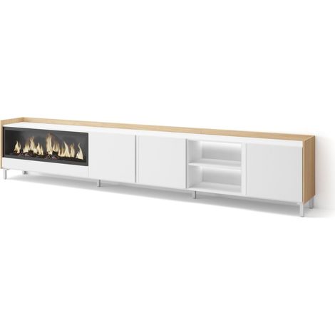 Skraut Home - Meuble TV, Banc Télé, Grand espace de Rangement, 315x35x61cm, Pour les TV jusqu'à 80", Cheminée électrique XXL, Design industriel, LED, Style moderne, Blanc et Chêne Soft (1/5)