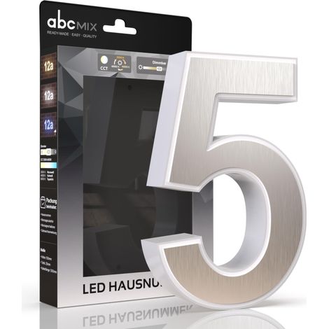 LED Hausnummer 5 inkl. Edelstahl-Cover - CCT 12V 2700K/4000K/6500K