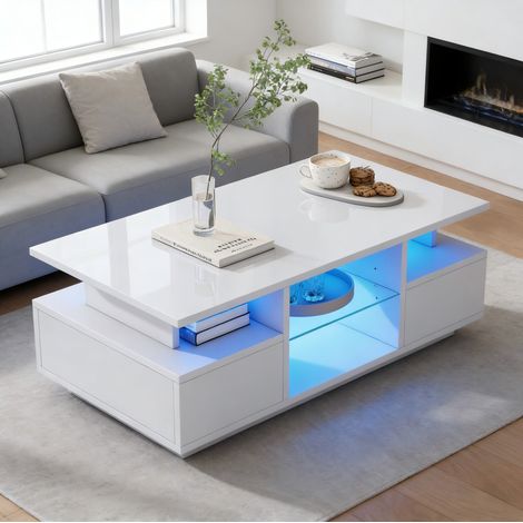 Mesa de centro 100x50x36 cm de aglomerado blanca con LED y almacenaje - MEUBLIV (1/5)
