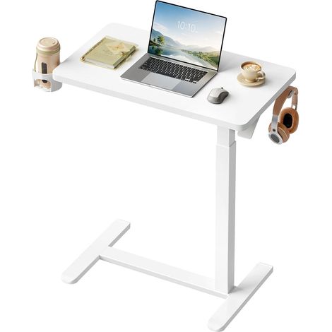 WOLTU Bureau Assis Debout sur Roulettes, 70x40 cm, Table d'Appoint Réglable avec Porte-gobelet Pivotant, Blanc (1/5)