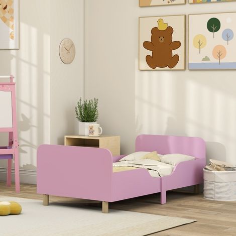 Lit enfant 140x70 avec barrières de sécurité, bas et compact pour petite chambre, MDF et bois de pin, rose, pour filles et garçons  CHICFURN (1/5)