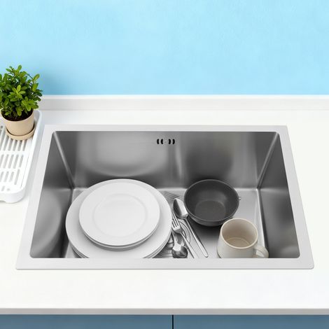 Évier pratique rectangulaire en acier inoxydable 60 x 40 cm pour caravanes Évier encastré dans le plan de travail en acier inoxydable 304 Évier de cuisine à cuve unique sous plan Argent (1/5)