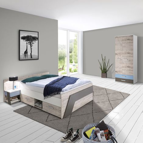 Jugendzimmer Set mit 140x200cm Bett LEEDS-10 in Sandeiche Nachbildung mit weiß, Lava und Denim Blau (1/5)