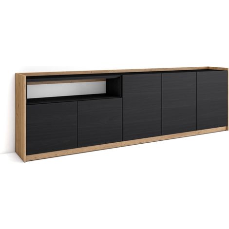 Skraut Home - Buffet salon et cuisine, Commode, 260x37x80cm, 5 Portes, Meuble chaussure, Noir et chêne (1/5)