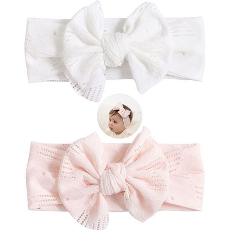 Set di 2 fasce per capelli da neonata, graziose fasce elastiche in nylon morbido con fiocco, per neonate, neonate, bambine, accessori per feste e servizi fotografici, bianco e rosa (1/5)