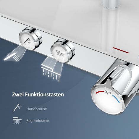 EMKE Duschsystem mit Thermostat, Handbrause mit 3 Strahlstärken, Wasserfall-Auslauf, Duschsäuleset Duschgarnitur mit glasablage, KTW Zertifizieren, Chrom (1/5)