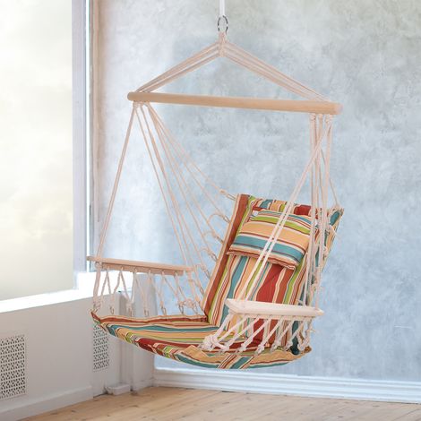Sedia sospesa Outsunny, sedia a dondolo con traversa e cuscino, struttura con ganci a soffitto, sedile sospeso, capacità di carico fino a 100 kg, per uso interno/esterno, giardino, terrazzo, multicolo