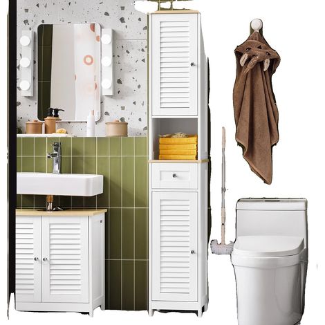 Mobile bagno con lavabo, design moderno, vani portaoggetti multipli, bianco e naturale (1/2)