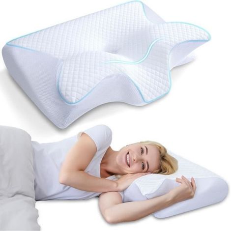 Oreiller Ergonomique Cervical - 2 en 1 - Mousse à Mémoire de Forme - 60 x 40 x 11/13cm - Lavable (1/4)