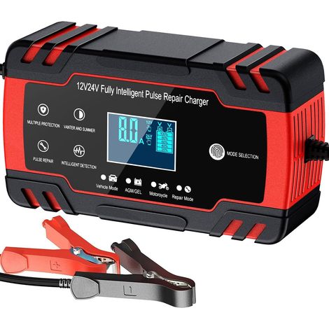 Chargeur Batterie Voitures 12V/24V 8A, Chargeur de Batterie Intelligent Moto avec Fonction Réparation, Maintien de Charge Auto, Écran LCD, pour Voiture Moto Camion, AGM, Gel, Wet, SLA (8-100 AH)