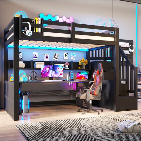 Kinder-Hochbett 90x200 cm mit Stauraumtreppe, LED und Schrank, Schwarz OKMYHOME (1/5)