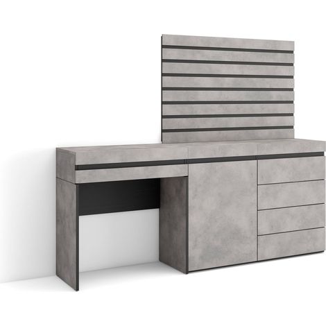 Skraut Home - Coiffeuse, Table maquillage, rangement, 177x145x35 cm, Avec tiroir, Commode, Buffet, Panneaux Muraux en Bois, Style moderne, Gris Ciment (1/5)