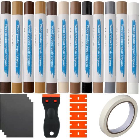 Kit Réparation Parquet 12 Couleurs, Kit Cire Dure avec Grattoir, pour Parquet, Stratifié, Sol Vinyle et Meubles en Bois, Réparation des Rayures, Fissures et Trous (1/5)