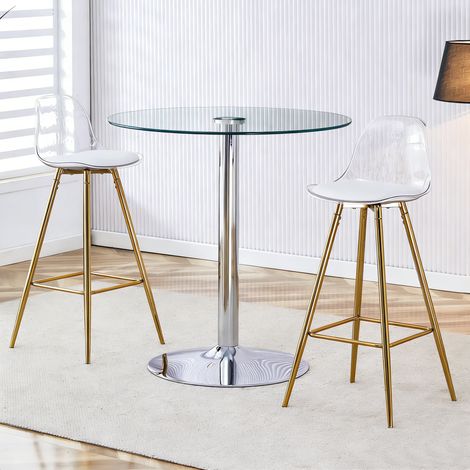 REDOM - Ensemble bar, table ronde en verre transparent, 2 tabourets, design moderne, verre et métal argenté dorée (1/5)