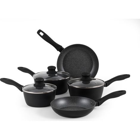 Lot de cinq casseroles et poêles, poêles à frire 20/24 cm et casseroles 16/18/20 cm, antiadhésives, compatibles induction, couvercles en verre, Metallic Marble, aluminium (1/5)
