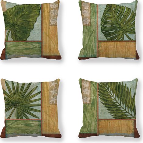 Ensemble de 4 housses de coussin en lin à motif de feuilles vertes, idéal pour décorer terrasses, jardins, salons et chambres, 45 x 45 cm (1/5)