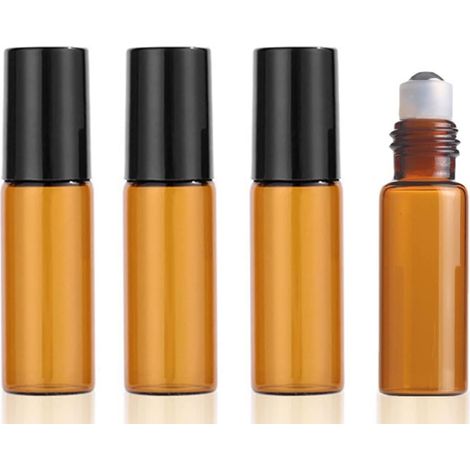 4 bouteilles roll-on verre 5 ml – avec rouleau inox pour huiles essentielles, aromathérapie, parfums, baume lèvres