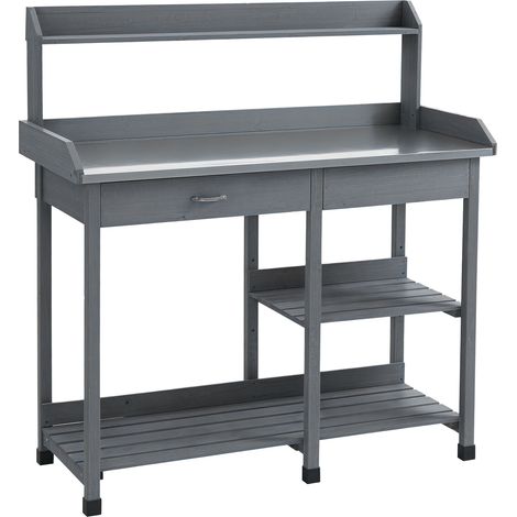 Outsunny Garden Potting Table Workstation w/ Metal Tabletop, Drawer, Shelves