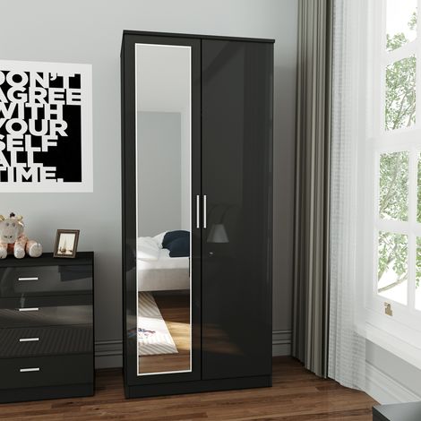 ELEGANT High Gloss Wardrobe with Mirror, Soft Close Hinge Mirrored Wardrobe Cabinet, 2 Doors Black Wardrobe Set Bedroom Furniture with Hanging Rod and Storage Shelves