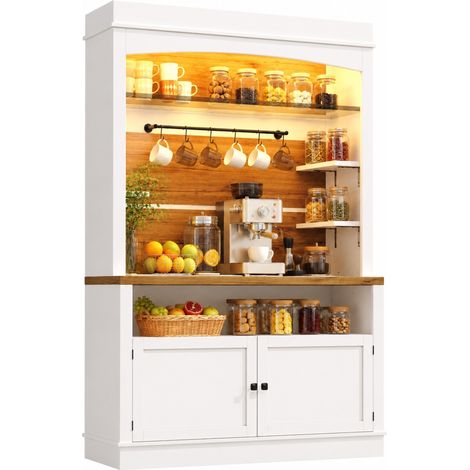 Aparador Alto de Cocina con 2 Armarios, Iluminación LED RGB, Estantes de Cristal y 12 Ganchos, MDF Blanco (1/5)