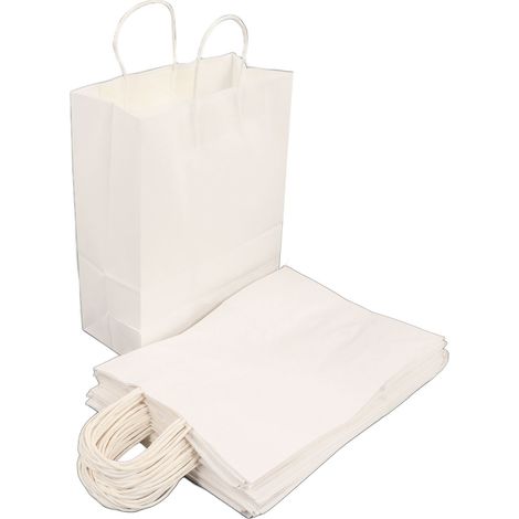 50 Sacs Kraft Blanc avec Poignées, Sacs Cadeaux Artisanaux en Papier, Tote Bags Petits pour Boutiques, Fêtes et Cadeaux, 330x260x120mm (1/5)
