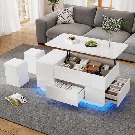 Mesa de centro 100x50x45 cm blanca en tablero de partículas elevable con LED, 2 cajones y 2 taburetes (1/5)