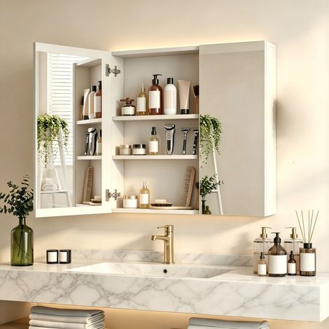 Armoire à Miroir Mural 70x60x13.5 cm,Salle de Bains Armoire avec 2 portes,Grand Meuble de Rangement avec Étagère Réglable,Anti - Buée Gradateur, blanc