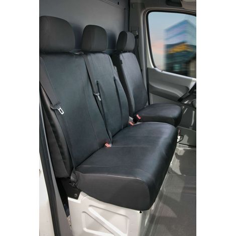 Housse de siège Transporter en simili cuir pour VW Crafter, Mercedes Sprinter, 1 siège individuel à l'avant (évidement accoudoir) & double banquette avant rabattable (1/4)