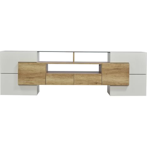Lowboard TV 200 cm weiß hochglanz mit Holzoptik, LED und Glasplatte MODENUIT (1/5)