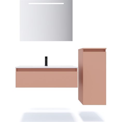 Meuble de salle de bain suspendu vasque intégrée 90cm 1 tiroir Abricot + miroir + colonne ouverture droite - Hudson (1/5)