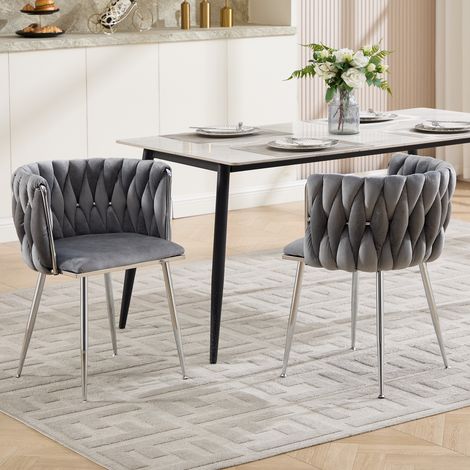 Lot de 2 chaises de salle à manger modernes en velours gris, dossier bas ajouré tressé, assise rembourrée, pieds en métal argenté, charge 140 kg (1/5)