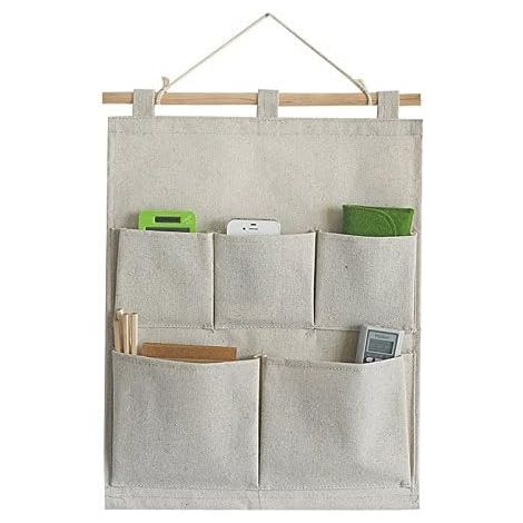 Organisateur de sac de rangement suspendu en tissu lin/coton 5 poches murales, 13,8 Wx 17,7 H (5 poches-beige blanc) (1/4)
