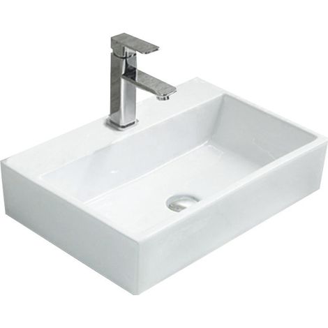 Vasque à poser rectangulaire Silla, lavabo salle de bain en céramique 53x36x12 cm, design moderne, installation facile, Blanc