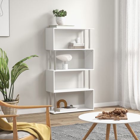 Bibliothèque à 4 niveaux au design moderne en bois et métal. Idéale pour le salon, le bureau ou la bibliothèque. 80 x 30 x 145 cm, blanche.