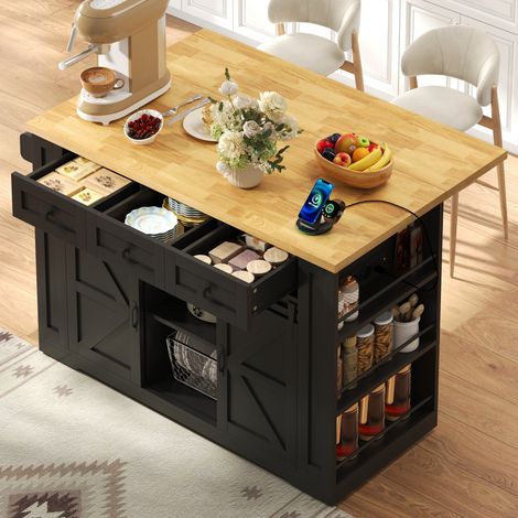 Ilot central de cuisine sur roulettes desserte buffet avec plan de travail rabattable et prises électriques intégrées portes coulissantes 130 x 50/80 x 87 cm mdf noir et naturel (1/5)