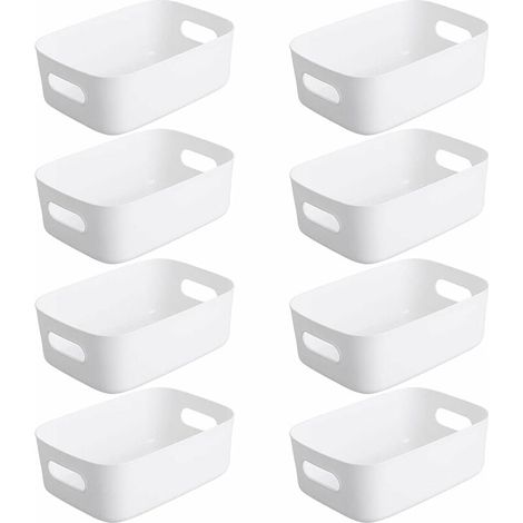 Panier Rangement - Plastique Blanc Empilable avec Poignée - Pour Cuisine Salle de Bain Bureau Chambre - 19 x 13,5 x 7,5 cm - Lot de 8