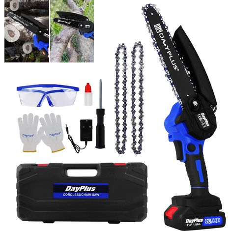 Electric Super Power Chainsaw & Battery Sharpening Saw Wood Cutter Garden Tool with one Li-Ion Battery&2 Chains, 2200W, 6 Inch Guide Plate Length (1/5)