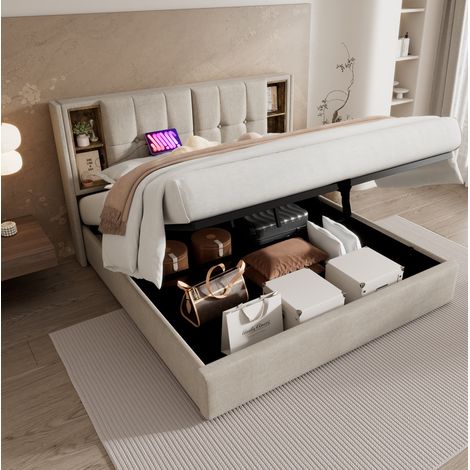 Lit Coffre 180x200 cm, avec charge sans fil, USB et Type C, lin naturel (Sans matelas) (1/5)