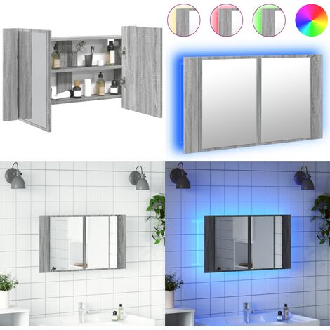 Armario espejo de baño con luz LED acrílico gris 80x12x45 cm - Espejo LED - Armario con luz RGB