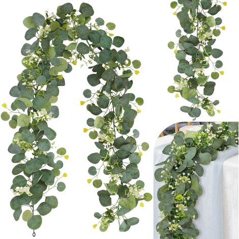 Lot de 2 guirlandes d'eucalyptus artificielles - 180 cm - Feuilles vertes - Fleurs blanches - Plantes suspendues - Pour mariage, jardin, fête, maison - Décoration de table (1/5)
