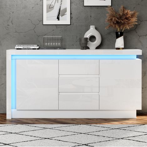 Aparador de aglomerado blanco 140 x 35 x 72 cm, 2 puertas, 3 cajones, baldas regulables, LED (1/5)