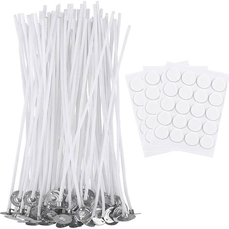 Lot de 50 mèches de bougie de 12cm avec 60 autocollants en coton bio naturel pré ciré avec de la cire de soja, pour la fabrication de bougies DIY