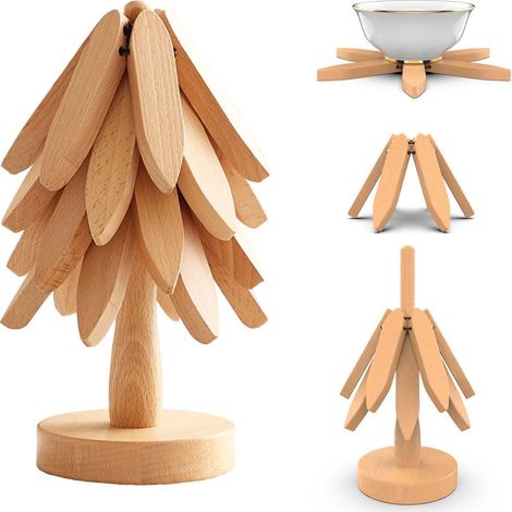 Holzuntersetzer Baumform, 4er Set mit Ständer, faltbar, Buchenholz