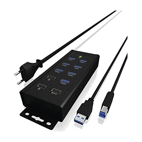 ICY BOX IB-HUB1703-QC3 - Hub industriel à 7 ports USB 3.0 avec alimentation (12 V/5 A), 3 ports de charge, QC 3.0, support de montage, aluminium, couleur noir (1/5)