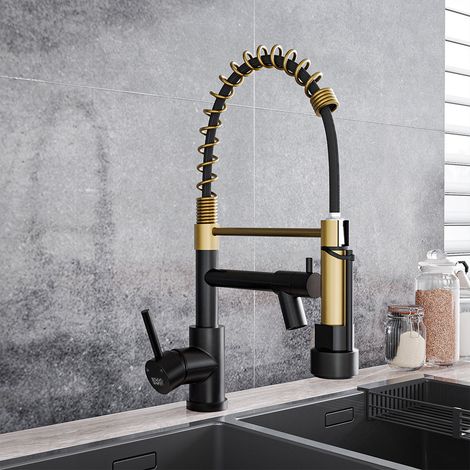 Gold Black Stainless Steel Kitchen Faucet with Pull Down Spring Spout