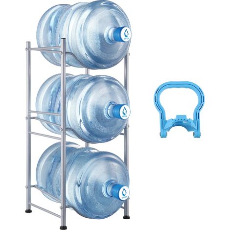 Porte-bouteilles VEVOR à 3 niveaux, support pour bouteilles d'eau de 5 gallons (environ 19 litres), étagère à une rangée pour 3 bouteilles, robuste, pour la cuisine, le bureau ou le salon, argenté. (1/5)