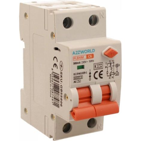 RCBO Doppia Leva, Interruttore Magnetotermico Differenziale Tipo AC Curva C 1P+N 2M 6000A 300mA C6A AC 230V IP20 IEC61009-1 PL8HM