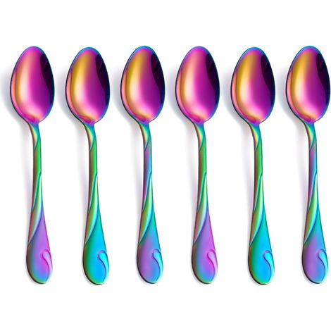 Cuillères à dessert arc-en-ciel, cuillères à café, à thé en acier inoxydable brillant, lot de 6, 16.5 cm (6.5 pouces) (1/5)