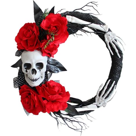 Couronne d'Halloween avec squelette artificiel effrayant, guirlande décorative, motif floral, portail, terrasse, accessoires photo (1/5)