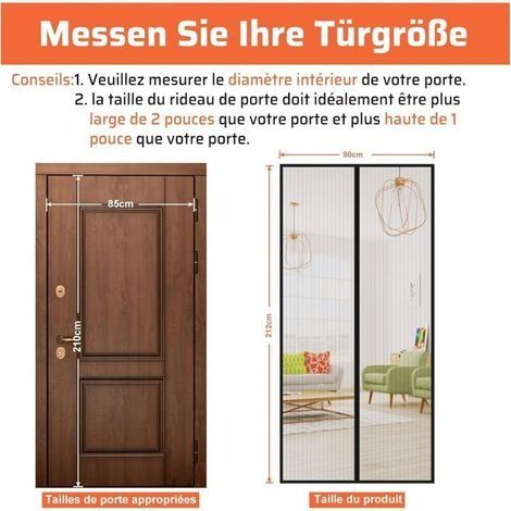 Magnetische Fliegengittertür, 90 x 210 cm, Fenster-Fliegengittertür mit Streifen, magnetischer Fliegengittertürvorhang (schwarz) (1/3)